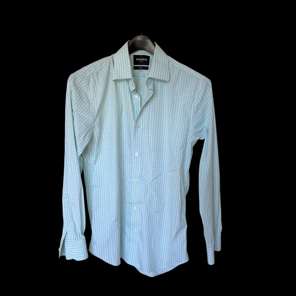 Bonobos Stretch Slim‎ Fit Shirt Mint Green Check Button Down 25667